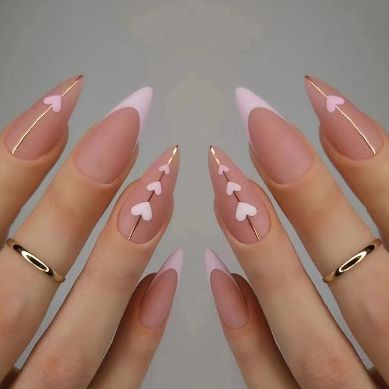 24Pcs Round Head Fake Nails with French Design Long Almond Pink Love False Nail Tips Wearable Acrylic Full Cover Press on Nails