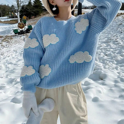 maoxiangshop Women's Cozy Clouds Sweater Cute Cartoon Long Sleeve Crew Neck Pullover Jumper Fall Winter Knit Tops