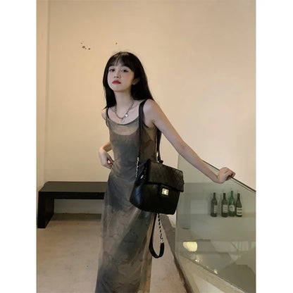 Vintage Tie Dye Mesh Dress Women Y2K Print Tulle Spaghetti Strap A Line Midi Dresses Korean Gothic Slim Sundress Vestidos