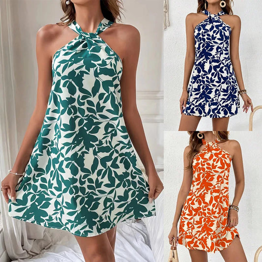 maoxiangshop 2024 Summer Women's Dress SKinny Sexy Backless SLeeveless ruffled hanging dress floral prints Button Embellished Female Vestidos