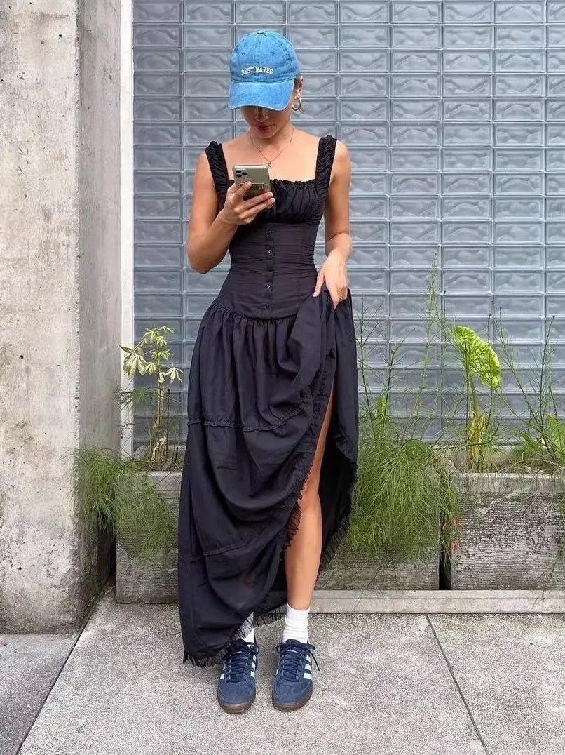 maoxiangshop Women Sexy Ruched Chest Corset Style Sling Long Dress Low Waist Sleeveless Female Holiday Summer Robe