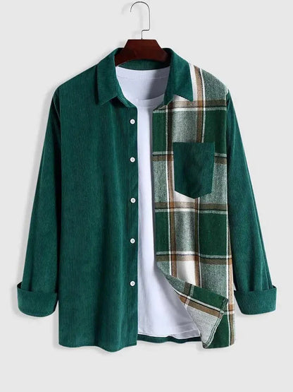 maoxiangshop Shirt for Men Two Tone Spliced Plaid Long Sleeves Blouse Fall Spring Streetwear Shirts Casual Unisex Shacket Tops Z5036870