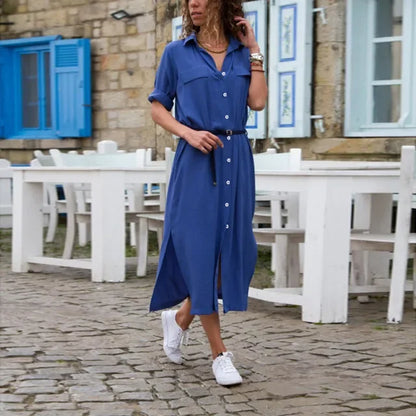 maoxiangshop-Summer Button Side Split Long Dress Women Solid Casual Loose Dress Ladies Long Sleeve Midi Dresses 2024 Luxuri Even Dress