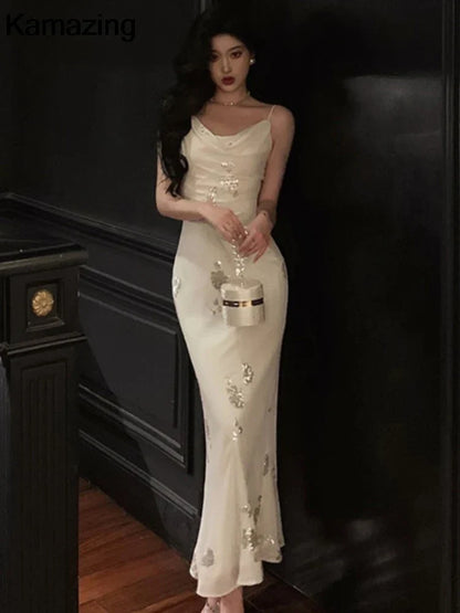 Fashion British Style Mermaid Dress Korean Luxury Sequin Evening Party Dresses Summer Women Spaghetti Straps Wedding Vestidos