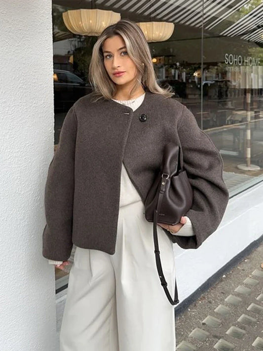 maoxiangshop  -  Elegant Solid Wool Mixtures Women Winter Coats Fashion One Button O-neck Warm Lady Jacket 2024 New Long Sleeve All-match Outwear