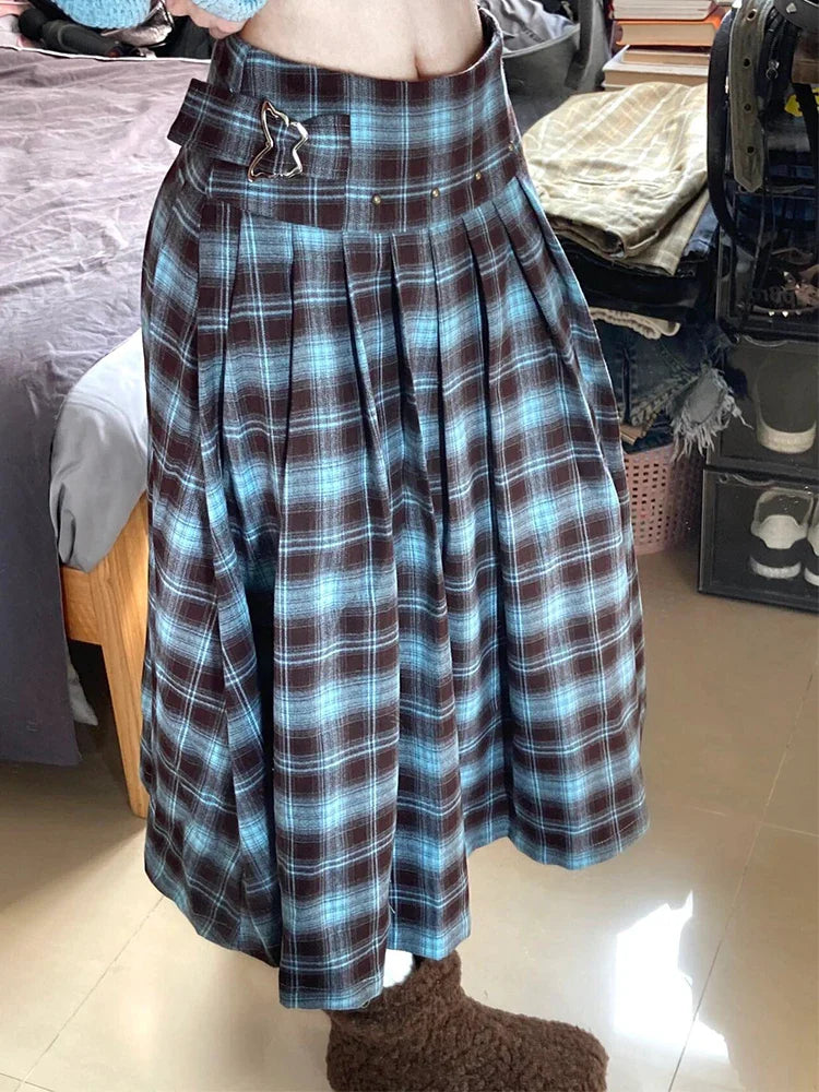 Women Vintage Korean Mori Girl Outfits 2 Piece Set Long Sleeve Lace Turtleneck Jumper + A-line Mid Long Plaid Pleated Skirts
