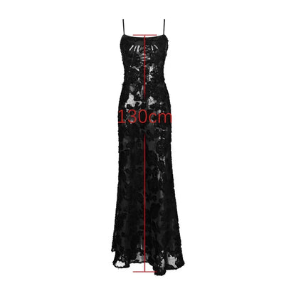 Black Spaghetti Strap Christmas Dress Sexy See Through Elegant and Beautiful Women Dress Appliques Maxi Formal Dress