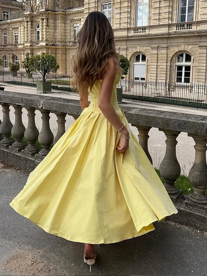 Women Elegant Yellow Pleated Evening Gowns Sleeveless Deep V Neck Off Shoulder Backless Long Dresses Lady Sexy Party Robes