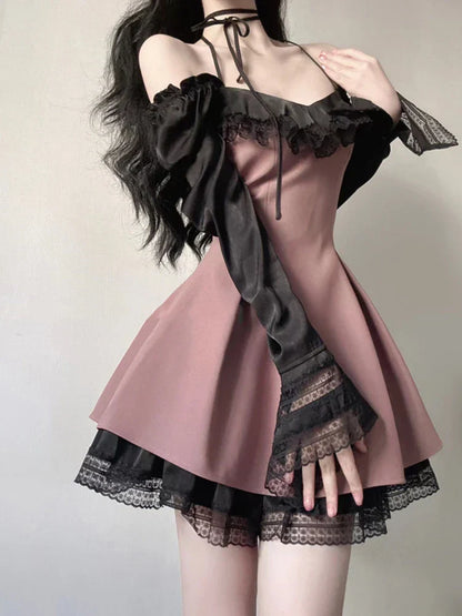 maoxiangshop-Sexy Hot Girl Outfits Lace Panel Long Sleeve Pink Mesh Dress Women Summer New Goth Slim Club Party Dresses Women
