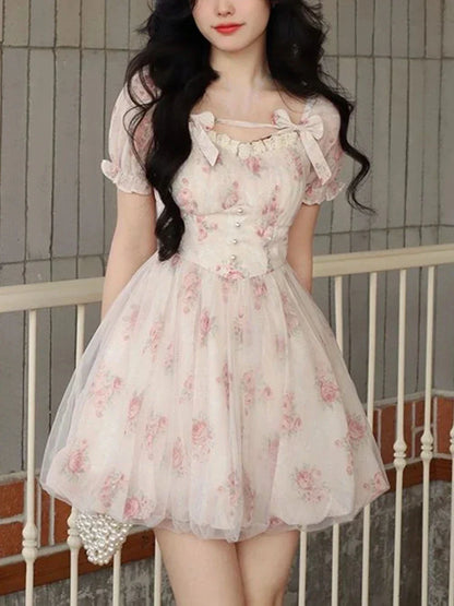 maoxiangshop-Summer Floral Sweet Mini Dress Women Print French Elegant Fairy Dress Female Korean Fashion Cute Party Mini Dress Summer 2023