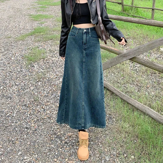 Lucyever Split Denim Skirt for Women 2024 Spring Summer New Y2K High Waist Long Skirt Female Vintage Blue A-Line Jean Skirts