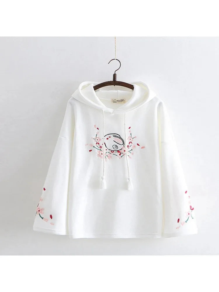 Women Floral Embroidery Pink Hooded Sweatshirts 2020 Winter Flare Sleeve Plus Velvet Thick Hoodies Sweet Pullovers