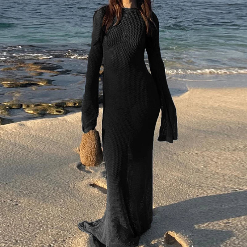 New Style Knitted Backless Long Sleeve Dress Ladies Beach Holiday Bikini Cover Up See-Through Beachwear Sunscreen Long Dress