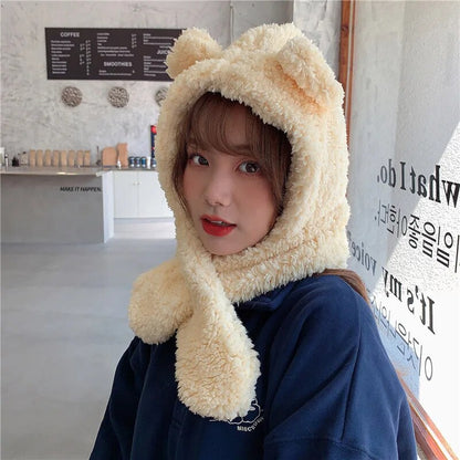 maoxiangshop Cute Bear Ear Hat Scarf Set Kawaii Women Winter Beanies Caps Warm Casual Plush Hat Casual Female Keep Wammer Anime Gift