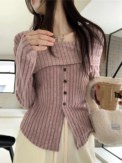 maoxiangshop-Off Shoulder Knit Pullover Women Chic Casual Slim Gentle Tops Female Spring New Square Neck Solid Long Sleeves Knitwears Lady