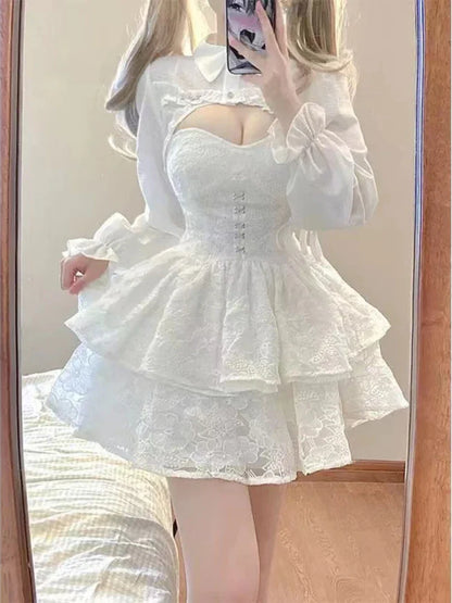 maoxiangshop Japanese Kawaii Lolita Dress Women Elegant Sweet Lace Ruffles White Strap Dresses Sexy Korean Fashion Birthday Party Fairy Dress