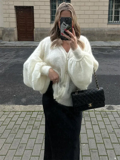 maoxiangshop  -  V-Neck Scarf Sweater Cardigan Female Contrast Casual Patchwork Autumn Hollow Out Outwear Women's Knitwear Coat Cardigan