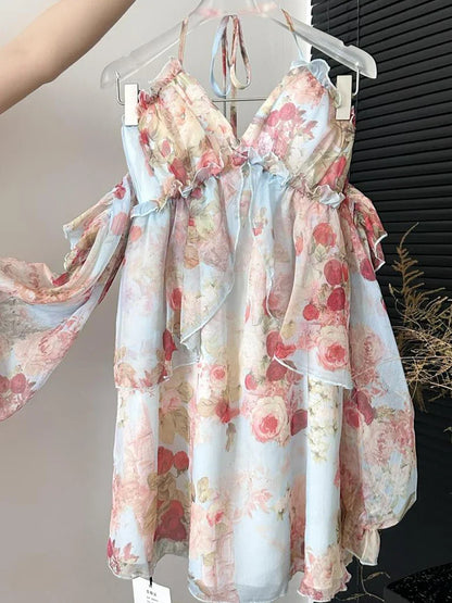 Summer French Vintage Mini Fairy Chiffon Floral Lantern Sleeve Dress Women Mori Romantic Frock Evening Court One-Piece Gyaru New