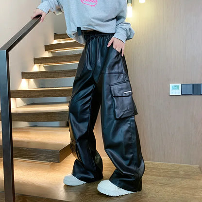 maoxiangshop Men's Leather Motorcycle Cargo Pants Multi-Pockets Black PU Pants Men Elastic Waist Mopping Trousers All-match Windproof