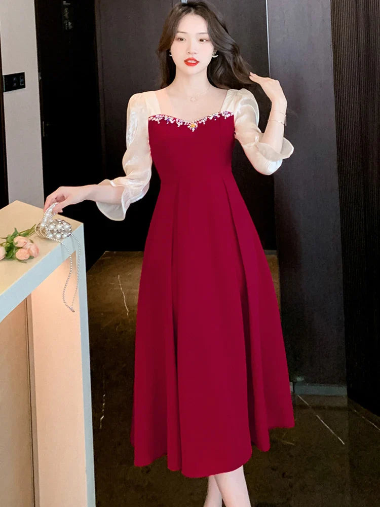 maoxiangshop Satin Luxury Elegant Dress for Wedding Women Spring Autumn Long Sleeve Bodycon Dress Korean Vintage Party Dress