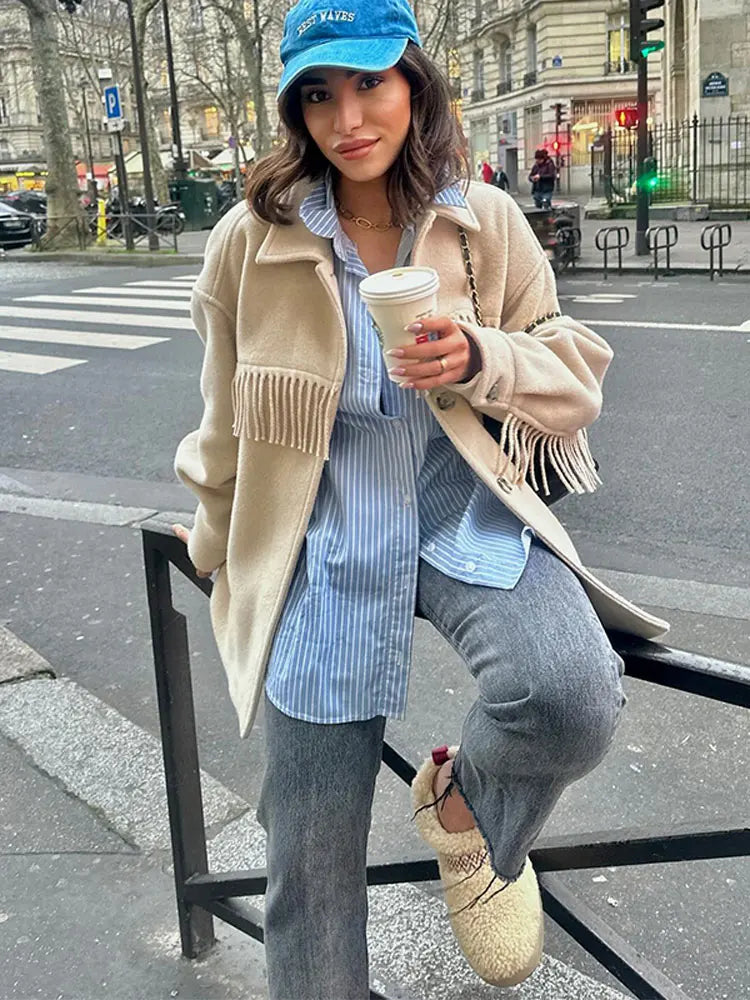 maoxiangshop -  Elegant Solid Single Breasted Tassels Coat For Woman Fashion Long Sleeve Lapel Neck Coat Lady Winter Warm Loose Street Outwear