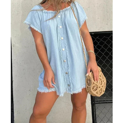 maoxiangshop Shirt Dress Denim Jeans Dresses Women Off Shoulder Slash Neck Blue Tassel Single Breasted A Line Mini Vestidos Streetwear