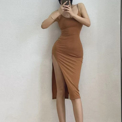 maoxiangshop-2024 New Sexy Sleeveless Slim Long Dress Women Party Club High Split Spaghetti Strap Dresses Woman Bodycon Dress Female