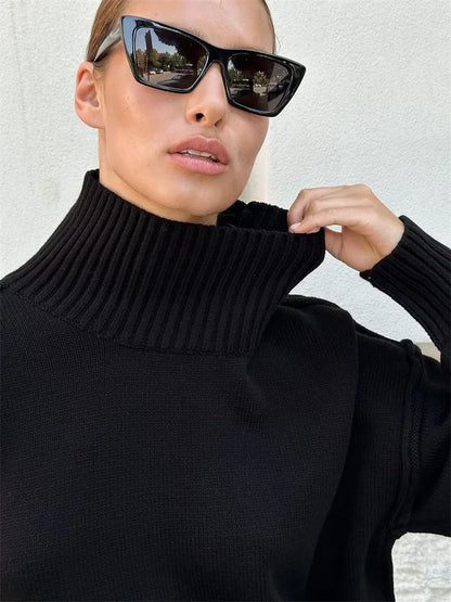 maoxiangshop  -  Winter Knit Turtleneck Pullover Female Clothes Loose Casual Ribbed Patchwork Long Sleeve Oversized Sweater Women Knitwear New