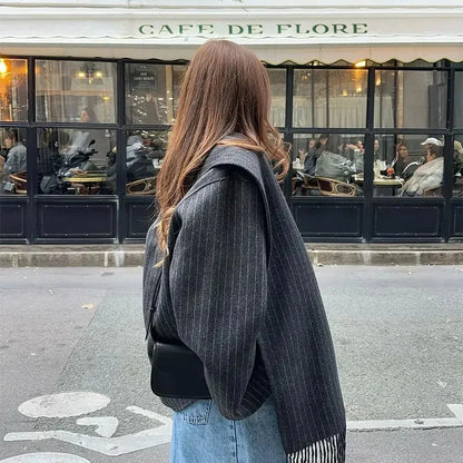 maoxiangshop  -  Fashion Striped Scarf Collar Short Jacket Women Elegant Wool Blend Single Breasted Crop Coat 2024 New Autumn Street Warm Outwear