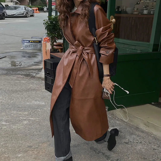 maoxiangshop  -  Autumn Winter Vintage Trench Coat Women New Lapel Single Breasted Loose Long PU Leather Cool Coat Fashion Classic Casual Coat