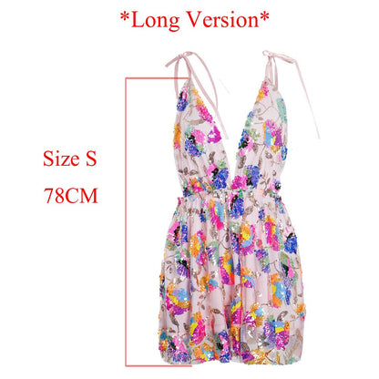 Sleeveless Floral Sequined Pink Sexy Party Dress Deep V Neck Backless Short Night Club Out Summer