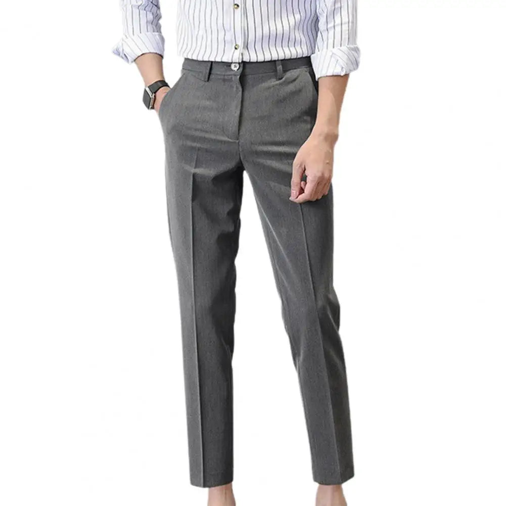 maoxiangshop Popular Men Trousers Breathable Men Suit Pants Soft Fabric Gentle Mid Waist Ankle Length Business Pants