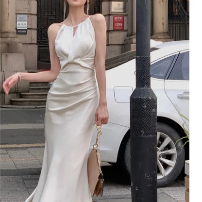 Summer Stain Women Dress New Elegant Sleeveless Female Vestidos Mermaid Robe 2023 Fashion Slim Lady O-neck Solid One Pieces Maxi