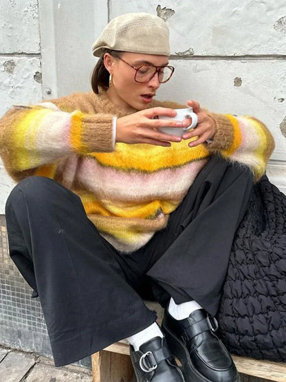 maoxiangshop  -  Fashion Contrast Stripled Sequins Women Sweater Autumn Lady Vintage O-neck Long Sleeve Pullover Warm Fluffy Knitted Jumpers