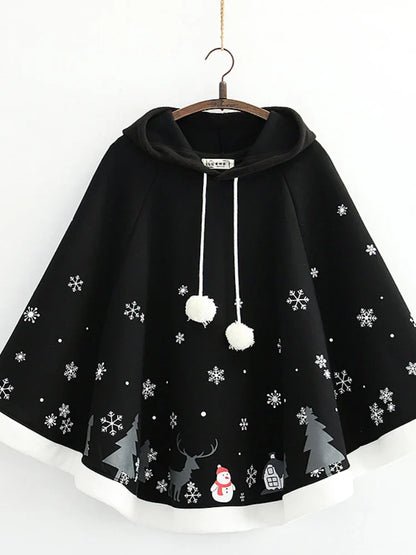 Women's Poncho Fleece Hooded Cape Coat Cartoon Print Batwing Sleeve   Bat Sleeved Female Winter Outwear Jacket