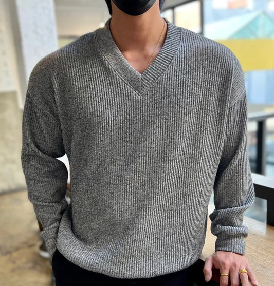 maoxiangshop Autumn/Winter Men's V-neck Pullover Sweater Korean Version Loose Solid Color Knit Leggings Over Casual Top Men's Large Size
