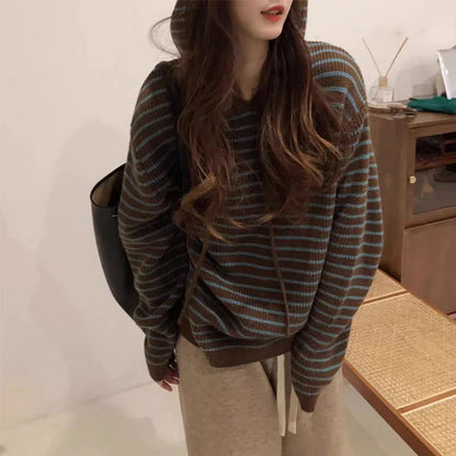 Vintage Hooded Sweater Women Harajuku Striped Knitted Pullovers Fall Winter Streetwear Long Sleeve Knitwear Korean Jumpers