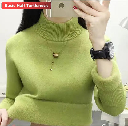 maoxiangshop Turtleneck Winter Sweater Women Elegant Thicken Velvet Lined Warm Sueter Knitted Pullover Slim Tops Jersey Knitwear Jumper New