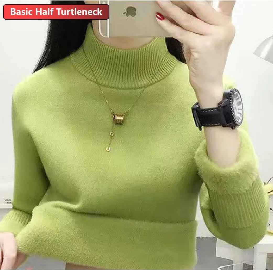 maoxiangshop Turtleneck Winter Sweater Women Elegant Thicken Velvet Lined Warm Sueter Knitted Pullover Slim Tops Jersey Knitwear Jumper New