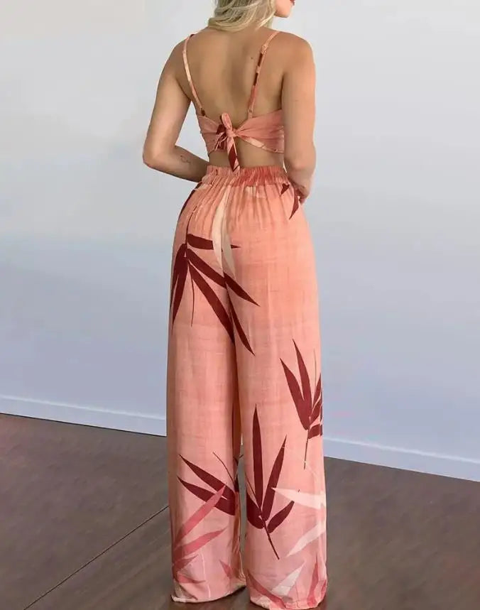 maoxiangshop Summer New Women's Suit Sexy Sleeveless Backless Womens Outfits Leaf Print Crop Top & Wide Leg Pants Set Long Pants 2 Piece Sets