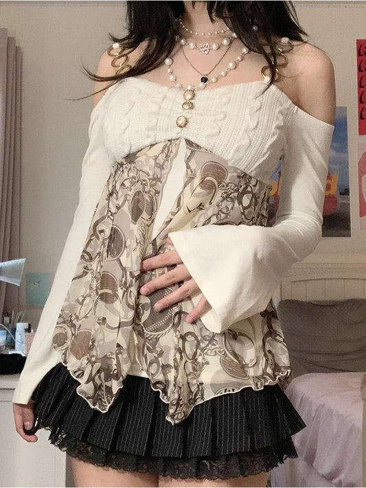 maoxiangshop Top Y2K Lolita Tops Off Shoulder Cyber Lace Top Exposure Simple Clothes 2024 Off White Women Gyaru Long Sleeve Clothes for Women