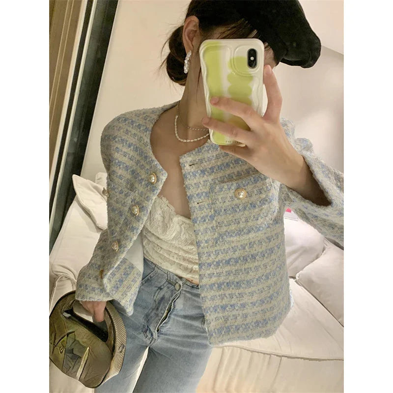 Vintage Cropped Jackets Women Korean Tweed Striped Short Coat Spring Autumn Elegant Loose Casual All Match Outwear Tops