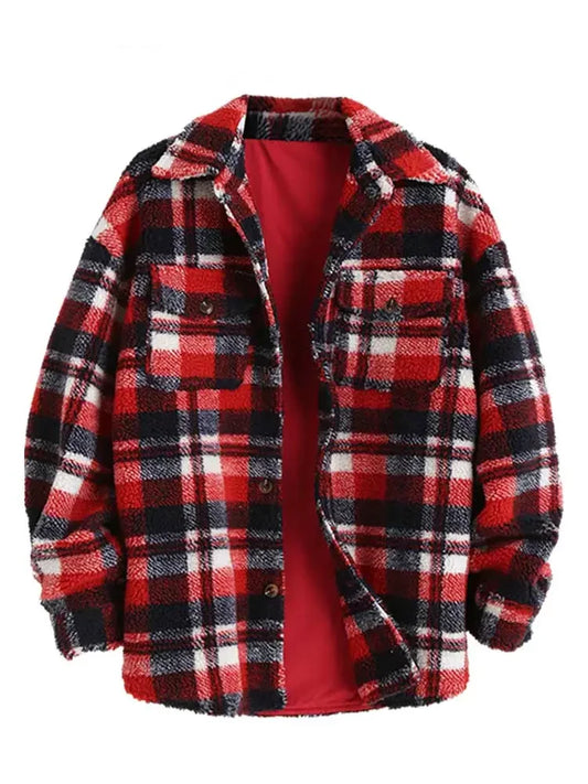 maoxiangshop Plaid Jacket for Men Fluffy Fleece Shirt Jacket with Pocket Button-up Faux Fur Sherpa Streetwear Topcoats