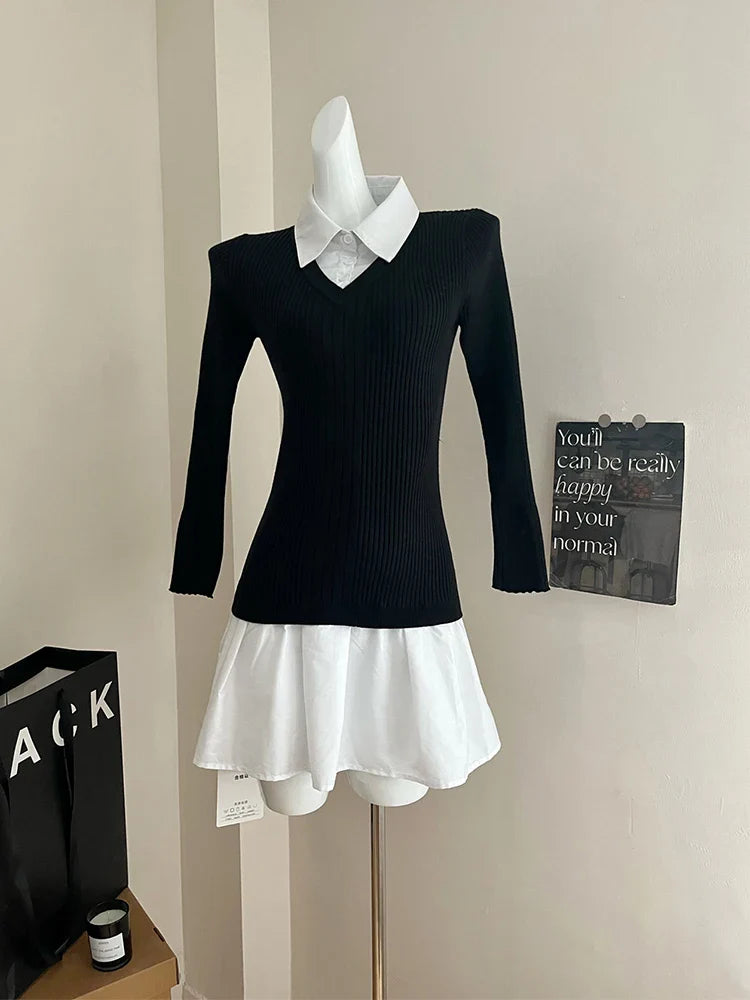 Autumn Winter Preppy Style Fake Two Pieces Mini Knit Shirts Dress Women Gyaru 2000s Aesthetic Vintage Long Sleeve One-Piece