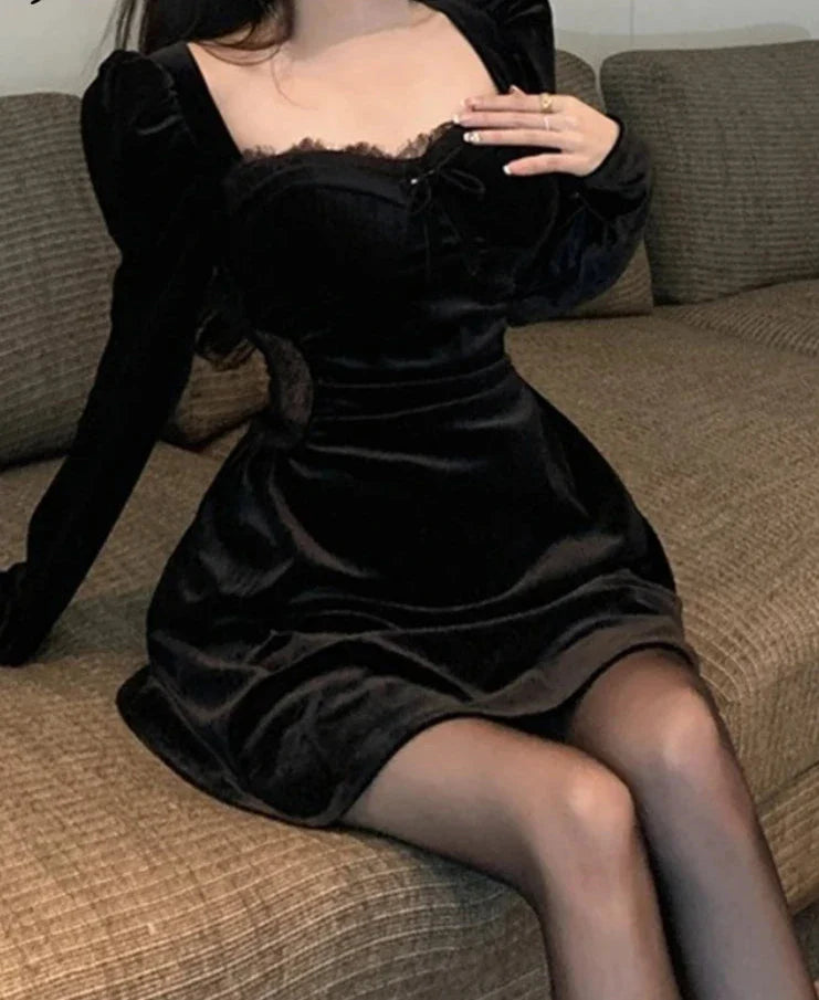 maoxiangshop DRESS TO IMPRESS Gothic Vintage Balck Long Sleeve Dress Women Fashion Velvet Midi Dress Female Korean Slim Even Party Elegant Lady Dresses