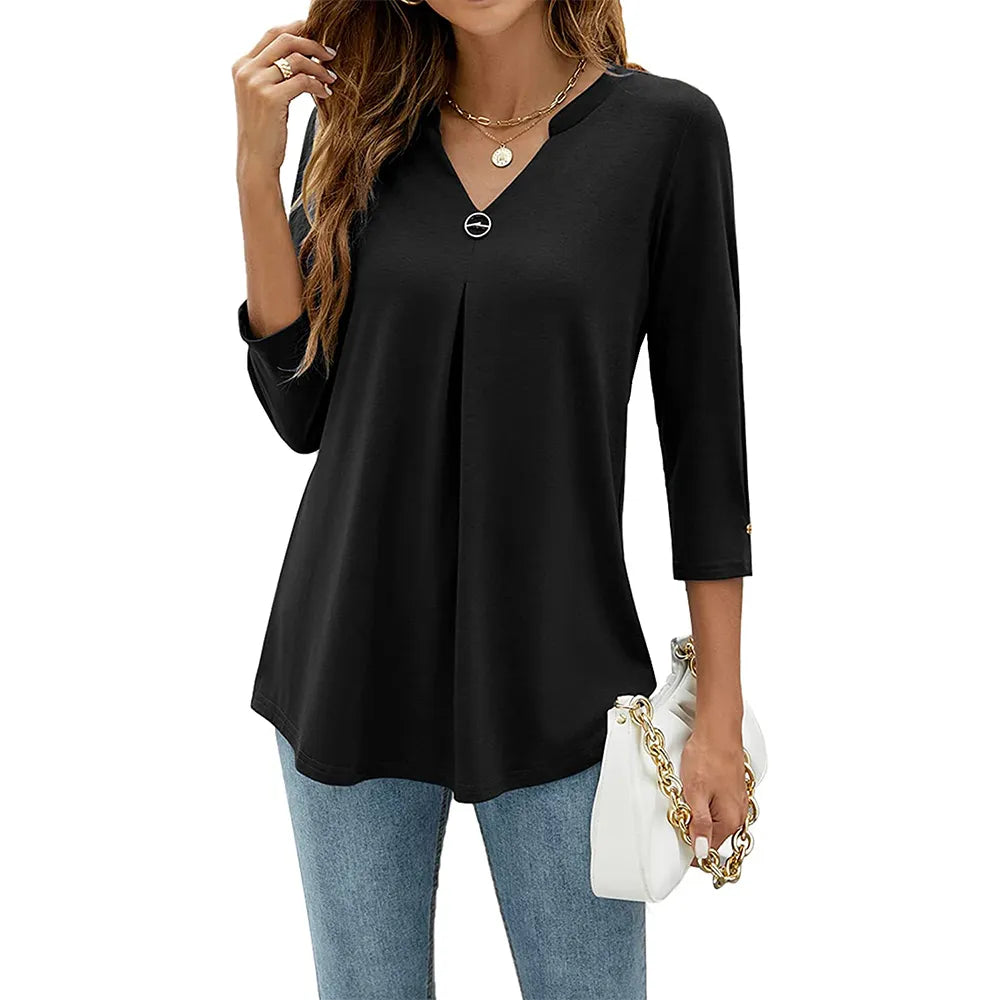 maoxiangshop Womens Autumn V Neck 3/4 Sleeve Shirts Business Casual Tops Loose Work Tunic Blouse