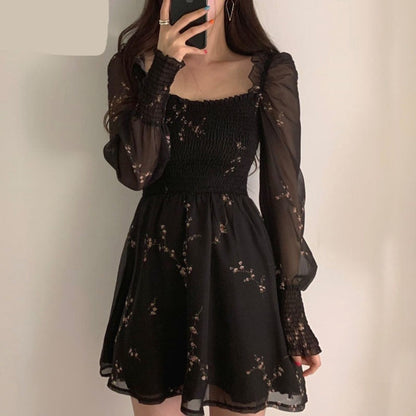 Autumn Womens Sexy Black Dress Vintage Flower Long Puff Sleeve Chiffon Dresses Korean Casual Mini Vestidos Mujer Clothes