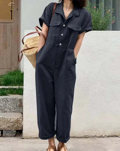 maoxiangshop Women Summer Jumpsuit Lapel Solid Color Short Sleeved Dungarees Femme Fashion Causal Elegant Rompers Work OL Pant