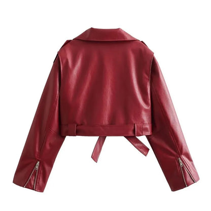 maoxiangshop -  Bandage Red PU Jackets For Women Fashion Zipper Turn Collar Lace Up Coat Womens Winter Street Casual Short Jacket Woman