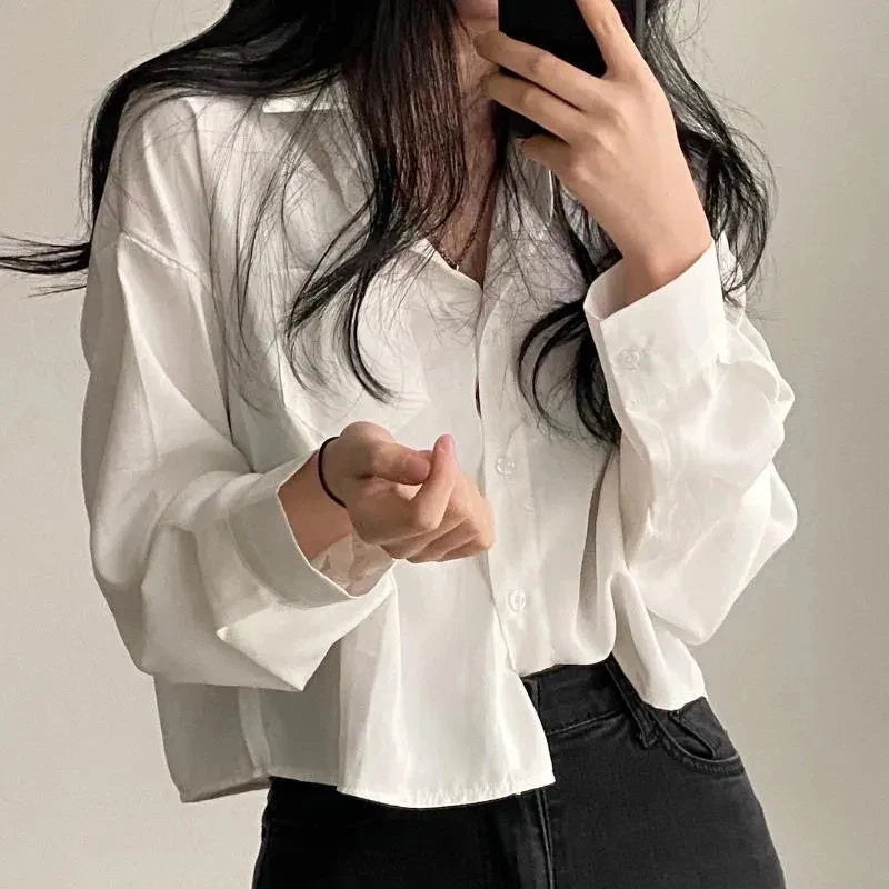 maoxiangshop Designed Women Shirts Korean Fashion Solid Long Sleeve Button Up Tops Office Ladies Chiffon Short Blouse New